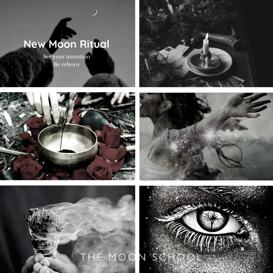Montage of new moon ritual ideas and aesthetics in black and white