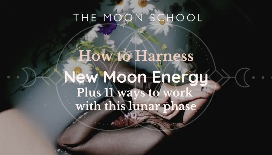 Woman in New Moon ritual bath with flowers and text: How to Harness New Moon Energy