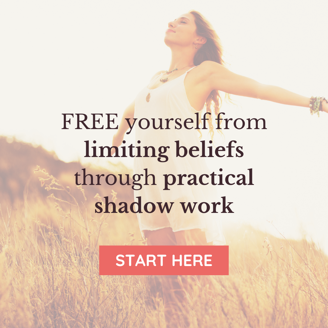 Woman in a field with arms outstretched and text: Free yourself from limiting beliefs