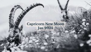 Capricorn goats on a mountain top with text: Capricorn New Moon Jan 2024