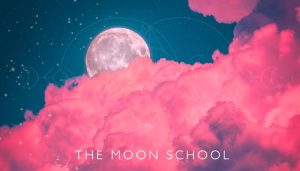 Full Moon in Scorpio Moon transit behind a pink cloud