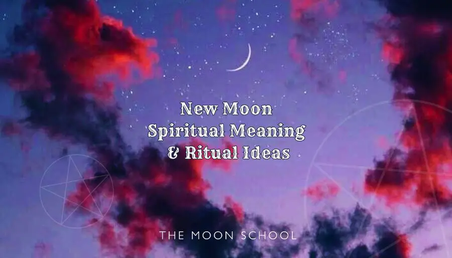 dramatic purple sky with a new moon rising high and title: New Moon Spiritual Meaning & Ritual Ideas