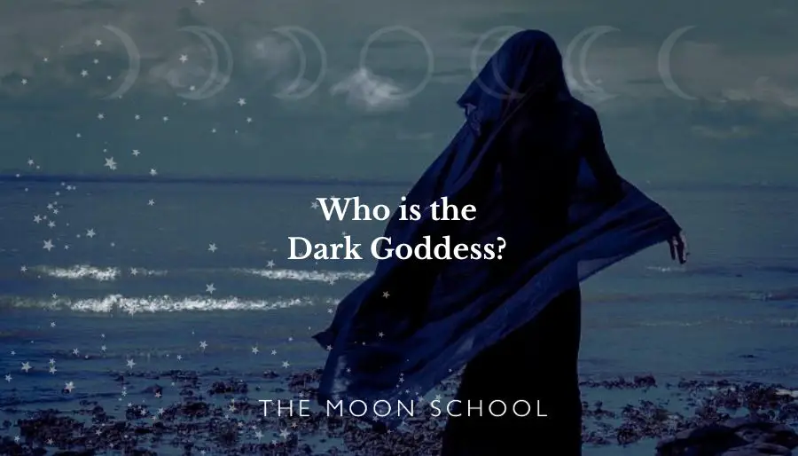 Who is the dark Goddess text ver image of goddess of the Dark woman on a shoreline Moon