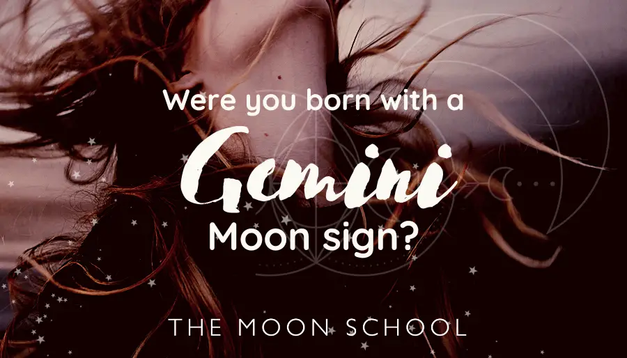 Woman with head up and long red hair blowing in the wind and text: Were you born with a Gemini Moon Sign?