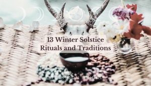 Winter solstice spiritual altar with antlers and flowers