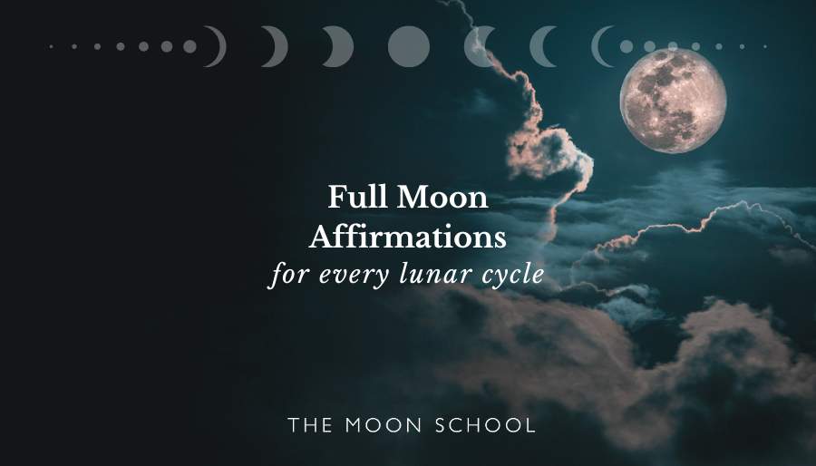 Full Moon in cloudy sky with full Moon affirmations in text
