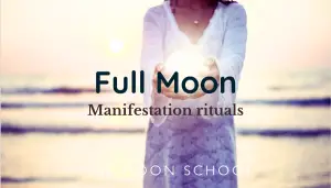 Woman on beach holding a full Moon doing a manifestation ritual