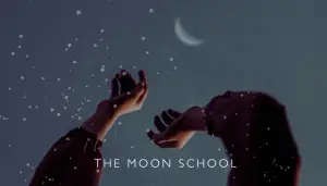 Hands reaching up into sky at last quarter Moon