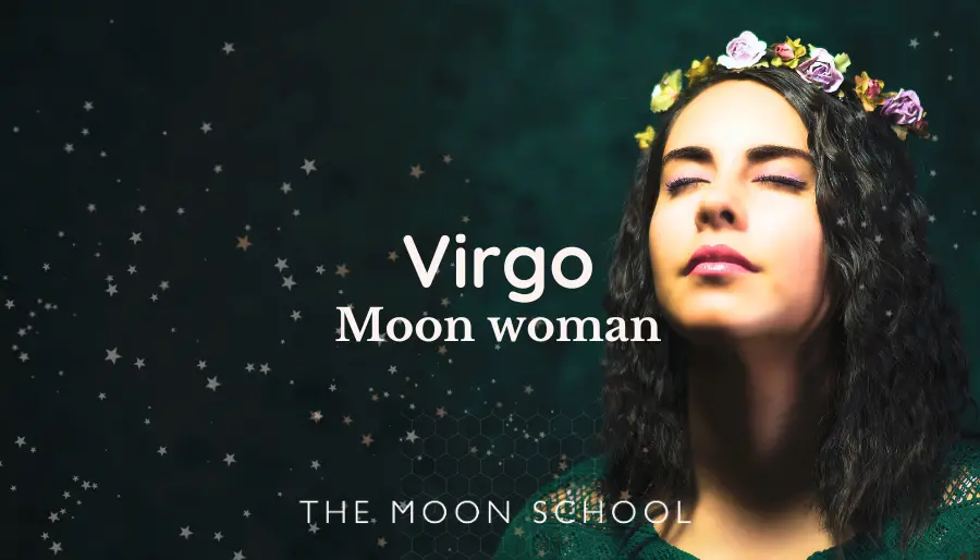 Virgo Moon Woman text over image of beautiful brunette woman with eyes closed