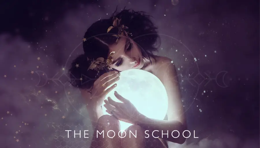 Modern photo of Moon Goddess Selene embracing Full Moon