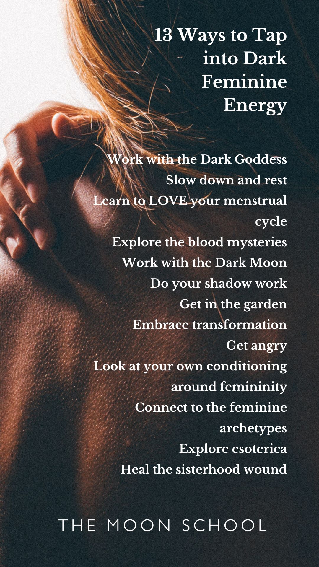 Pinterest pin with list of tips to awaken dark feminine traits