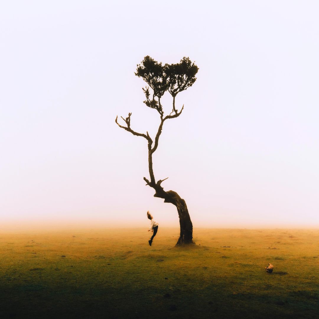 A tree in a field with divine feminine woman jumping up