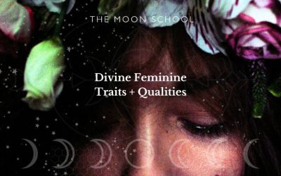 Close up of beutiful feminine woman with flower crown looking down with text: Divine Feminine Traits + Qualities