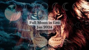Lion and Full Moon with text: Full Moon in Leo Jan 2024