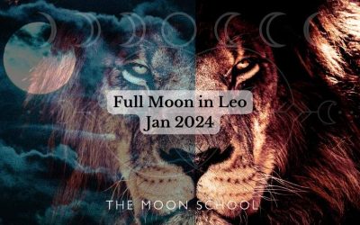 Lion and Full Moon with text: Full Moon in Leo Jan 2024