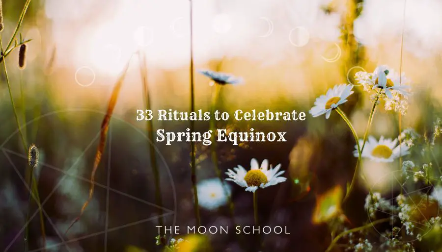Morning equinox sunshine over a daisy meadow with title: 33 Rituals to Celebrate Spring Equinox