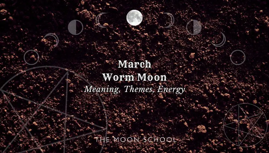 Dark soil with a full worm moon and title: March Worm Moon: meaning, themes, energy