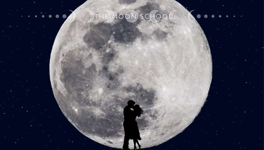 Couple in love embracing with full Moon backdrop