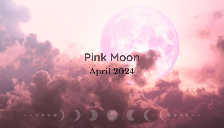 spiritual Pink Moon rising through clouds