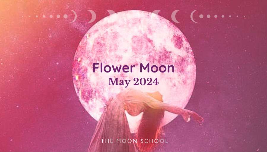 Woman dancing under the full flower Moon 2024