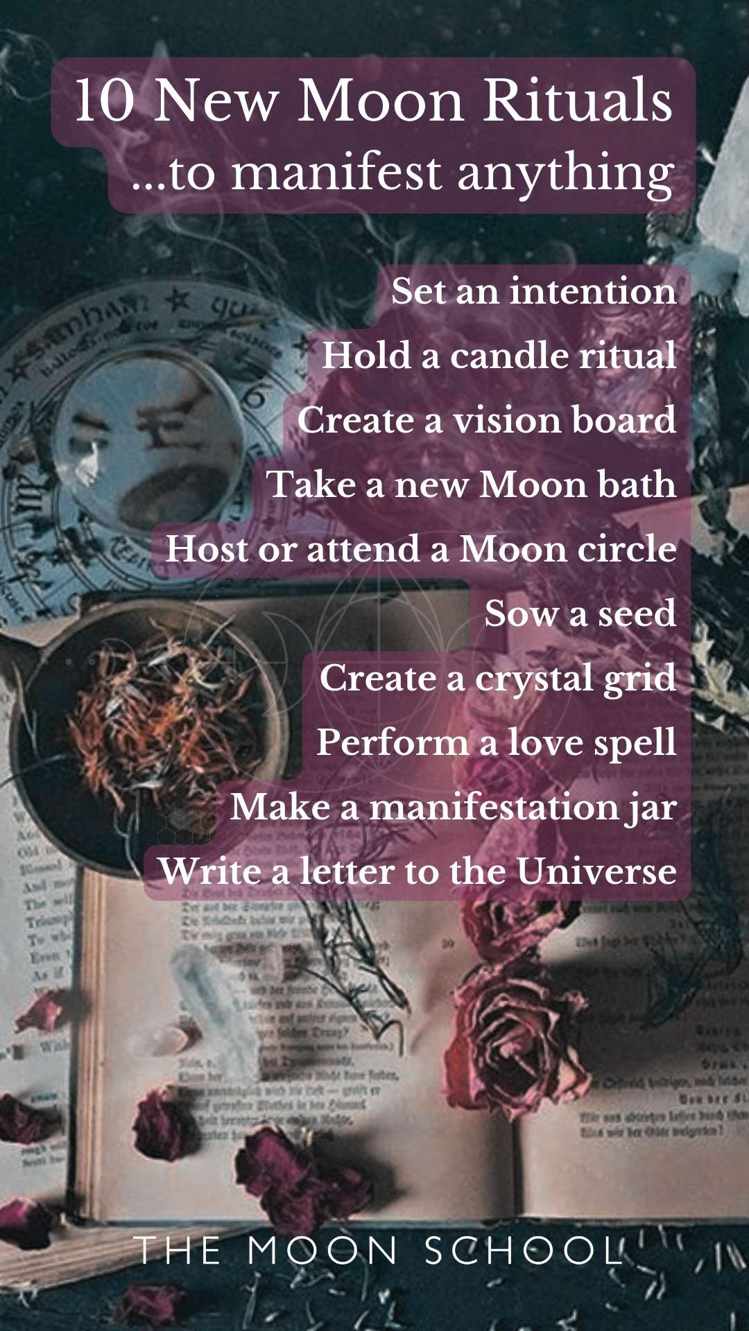 Lunar altar with list of new moon rituals