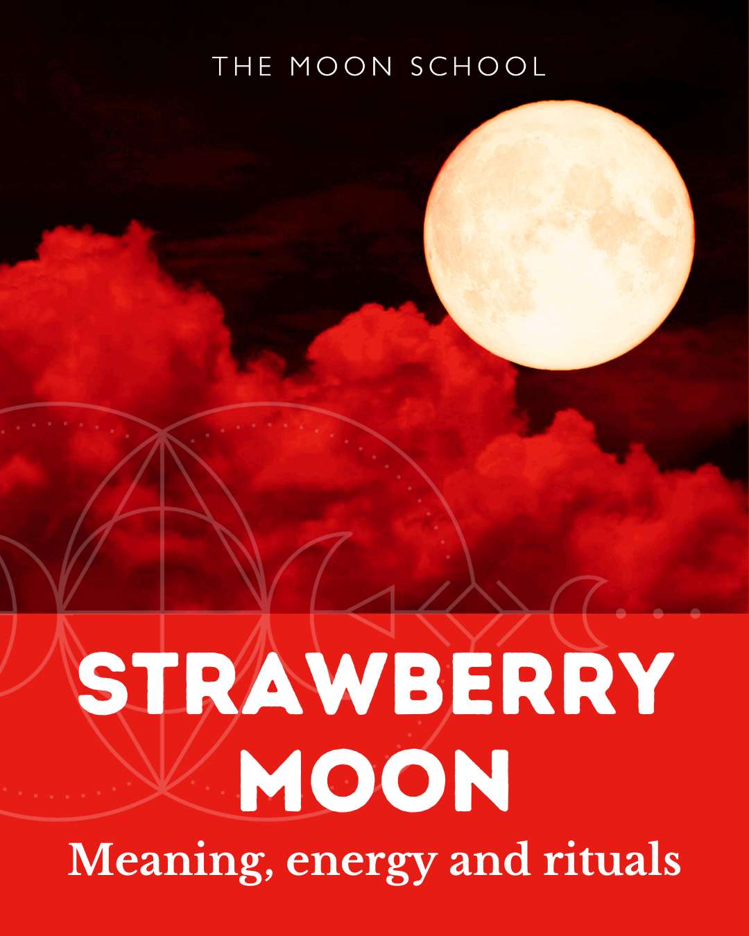Full Strawberry Moon rising through red clouds 