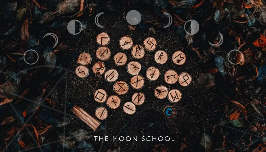 DIY wooden rune set in a dark, moody, cottagecore forest setting. Example of witchy craft idea for autumn