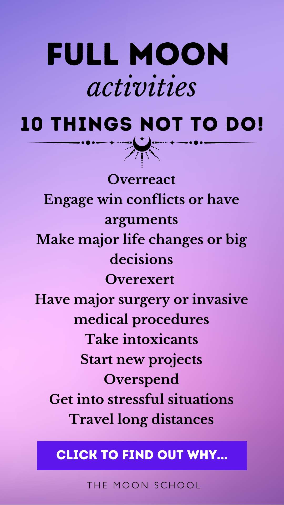 List of 10 full Moon activities to avoid on a purple background