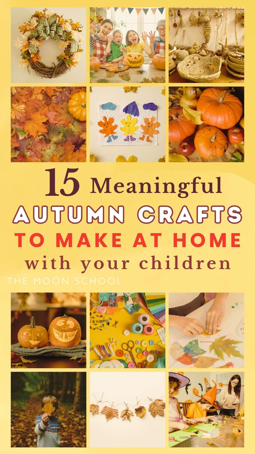 Collage of nature Craft ideas for kids on a yellow background