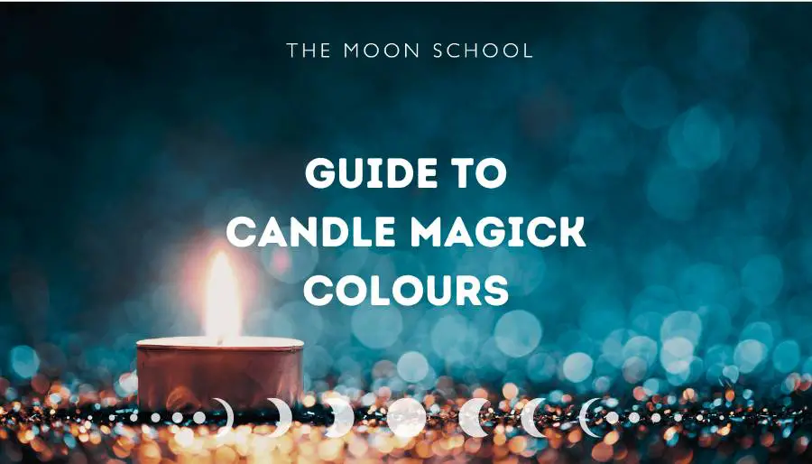 Blue sparkling background with a candle and text: Guide to Candle Magic Colours