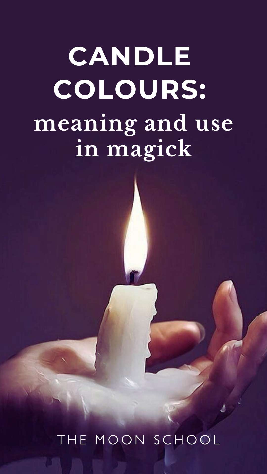 witch holding a candle in the palm of her hand and text: candle colour meanings and uses in magick