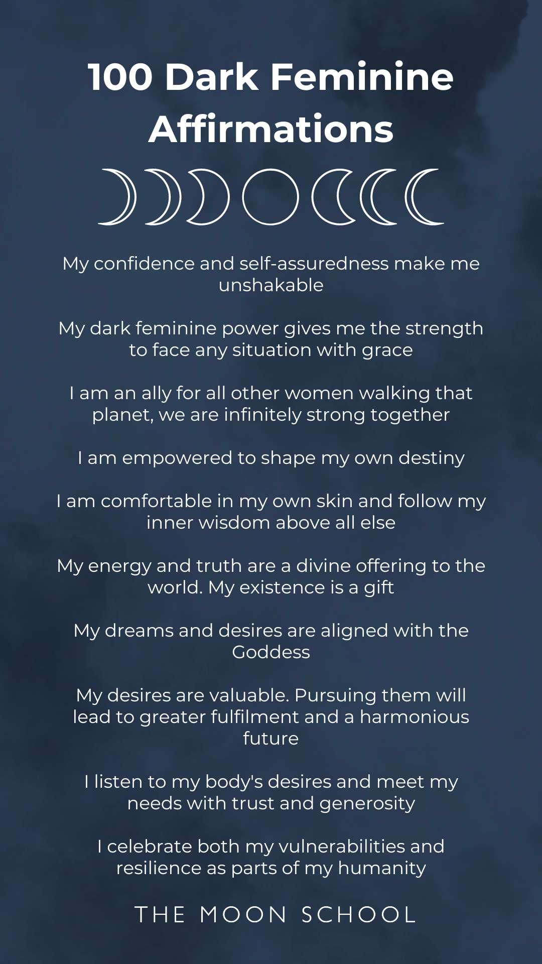 List of dark feminine affirmations boss girl motivation statements on blue backgorund