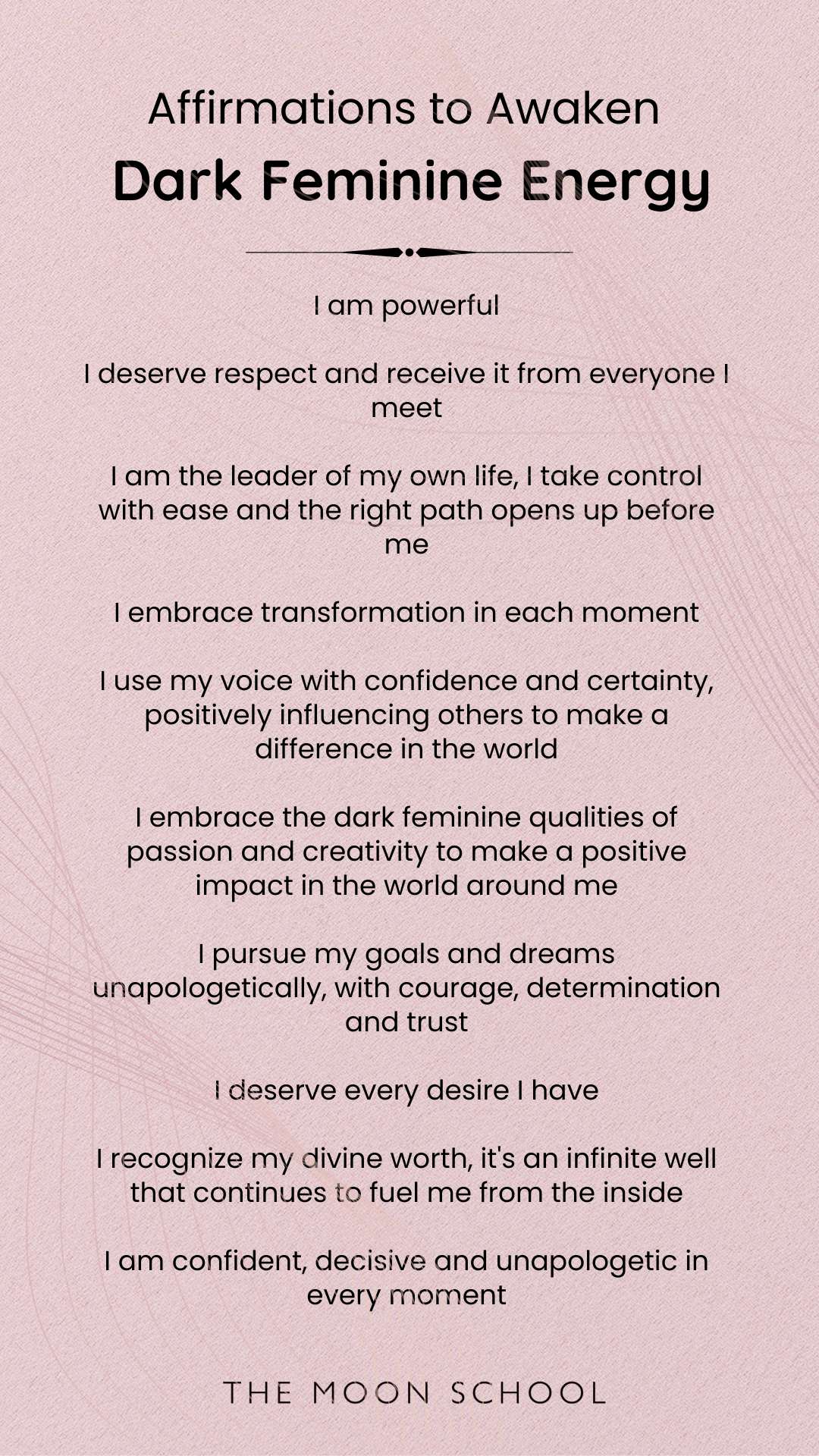 List of dark feminine energy affirmations on pink background
