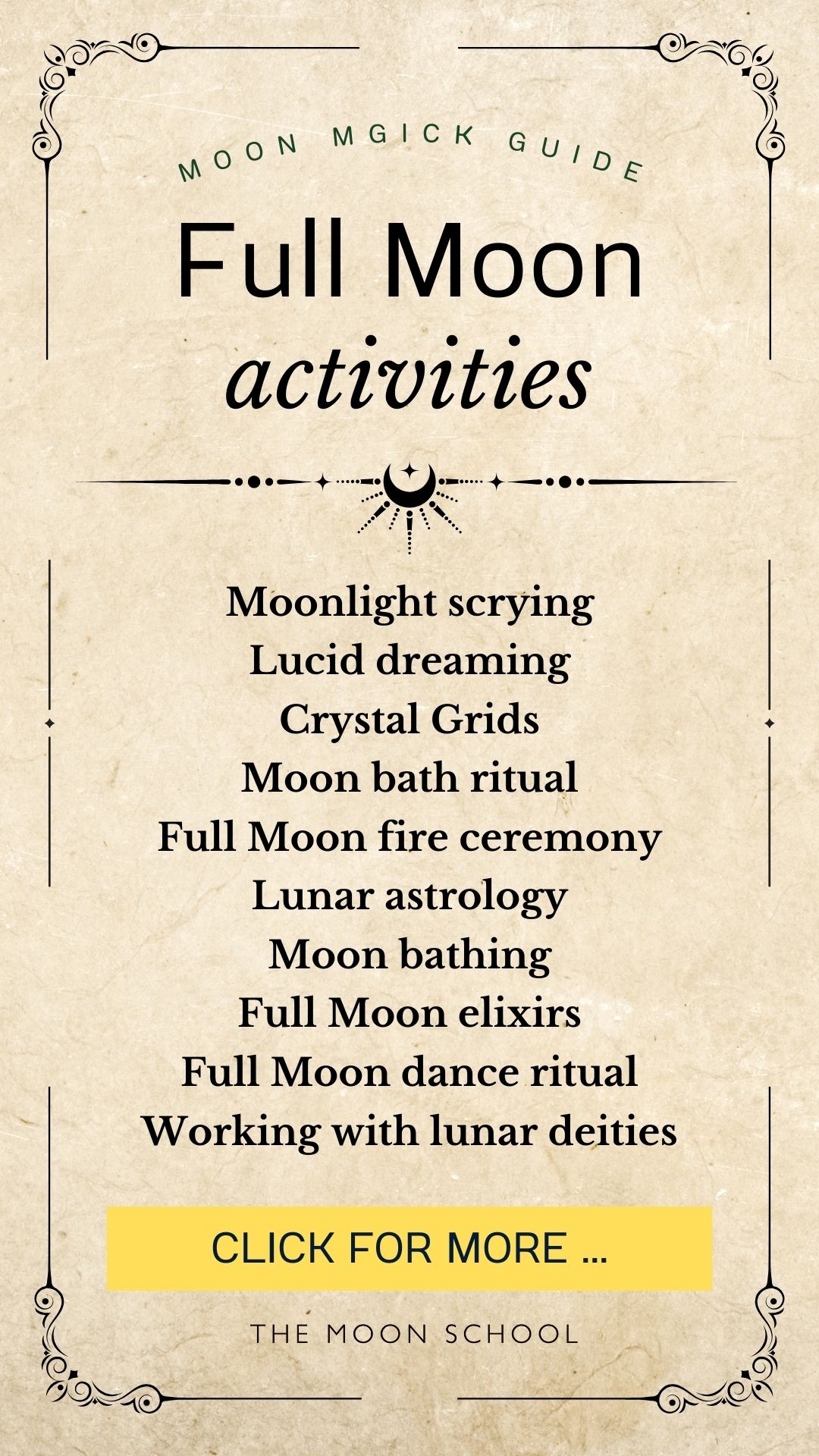 Full Moon activities pin on old paper like a grimoire page in witchcraft