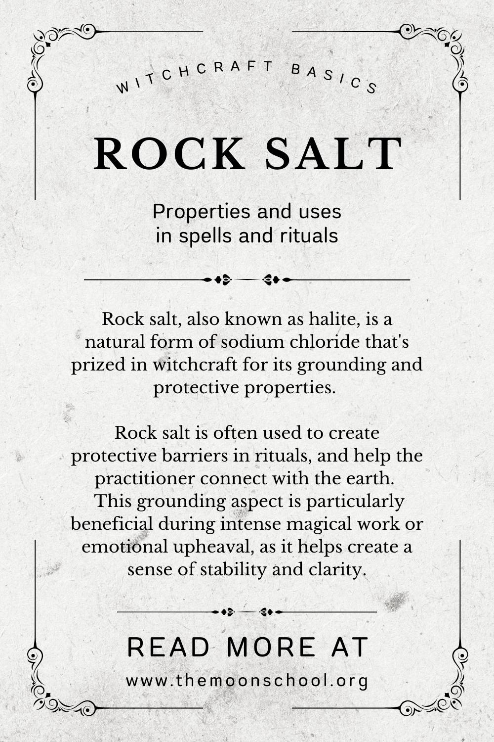 Description of uses of rock salt in witchcraft designed like a grimoire page
