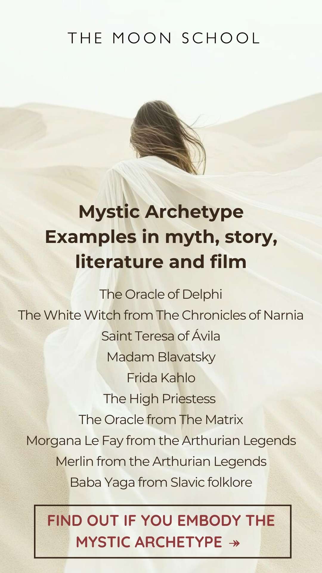women in mystic fashion wearing a white dress with examples of this feminine archetype written around