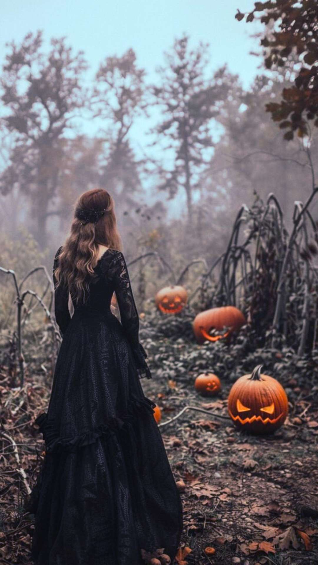 Witch aesthetic with dark feminine woman in a pumpkin field gothic vibes