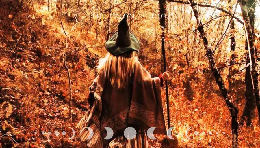Autumn witch with a broom in a forest at samhain