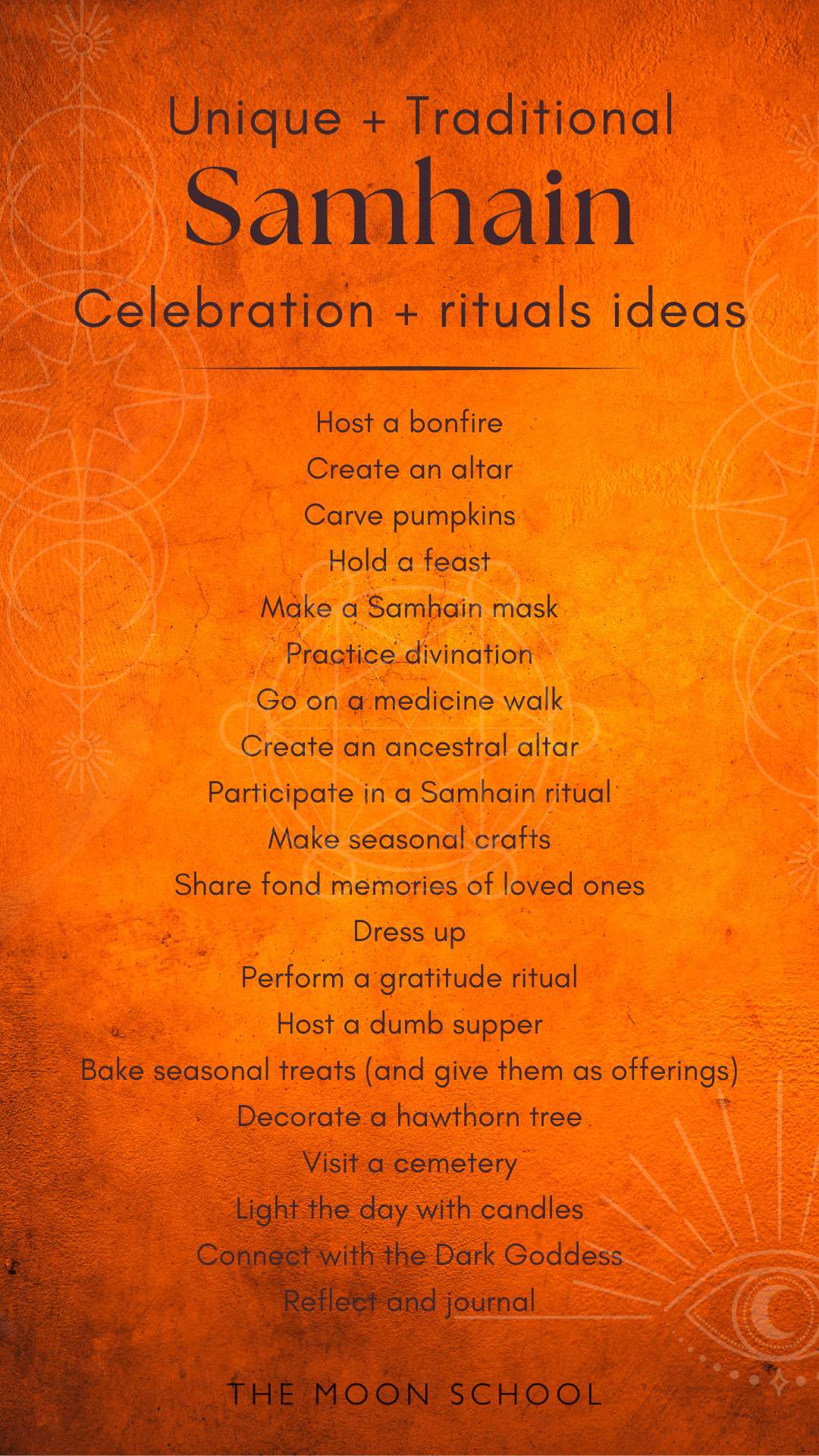 List of 20 samhain celebration ideas on a dark orange halloween background
