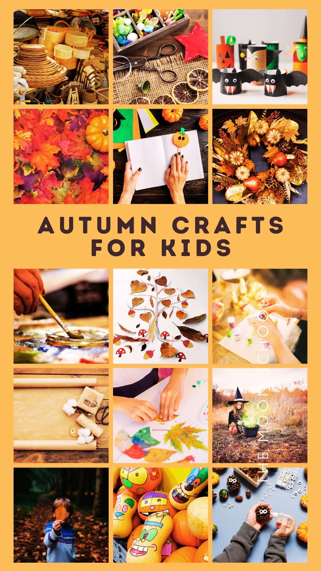 Collage pin on orange background showing many autumn craft ideas for kids like Leaf rubbings<br />
Nature mandalas<br />
Moon phase mobile<br />
Dream pillows<br />
Acorn cap animpas<br />
Nature journaling<br />
Harvest basket weaving<br />
Autumn wreaths<br />
Sun prints<br />
Seed bombs<br />
Nature paintbrushes<br />
Gourd painting<br />
Story stones<br />
Gratitude tree<br />
Autumn spirit dolls<br />
