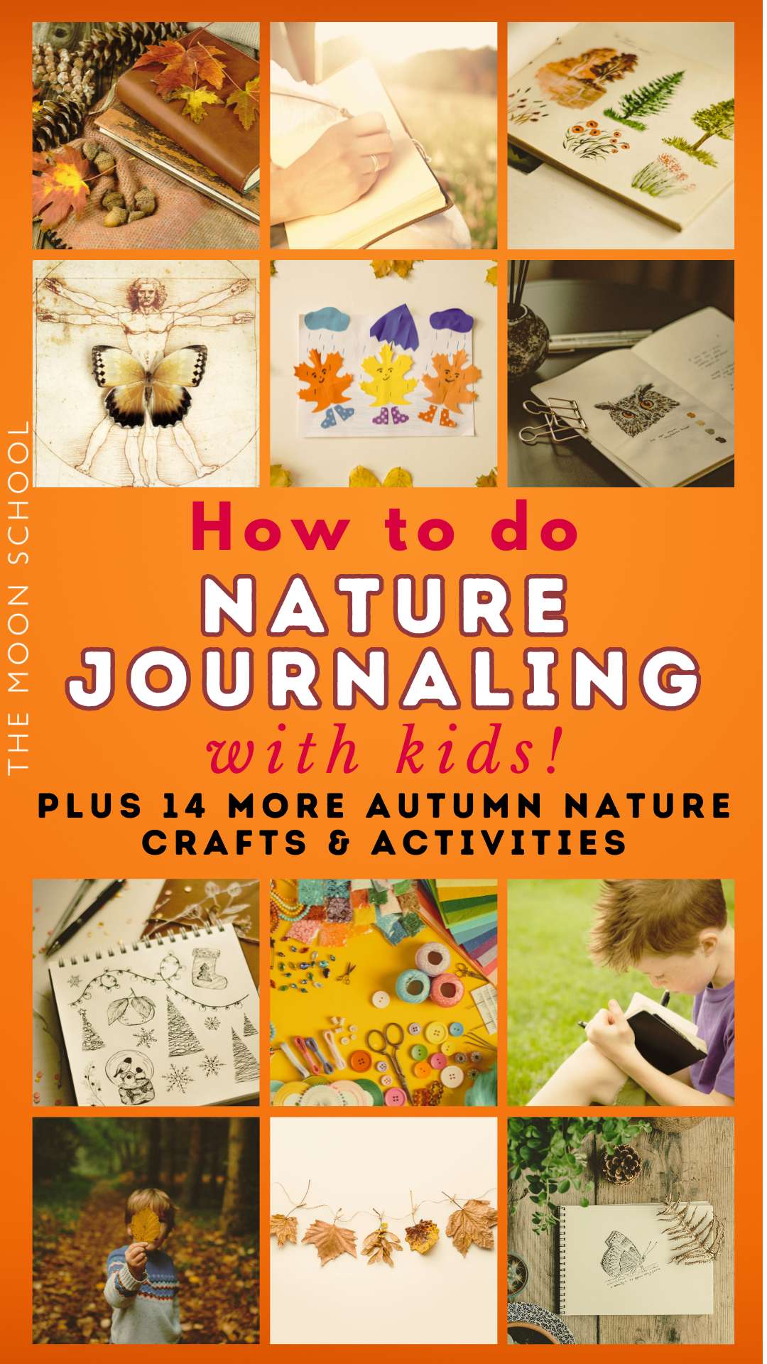 Nature journaling with kids collage pin with ideas for fall crafts and nature activities