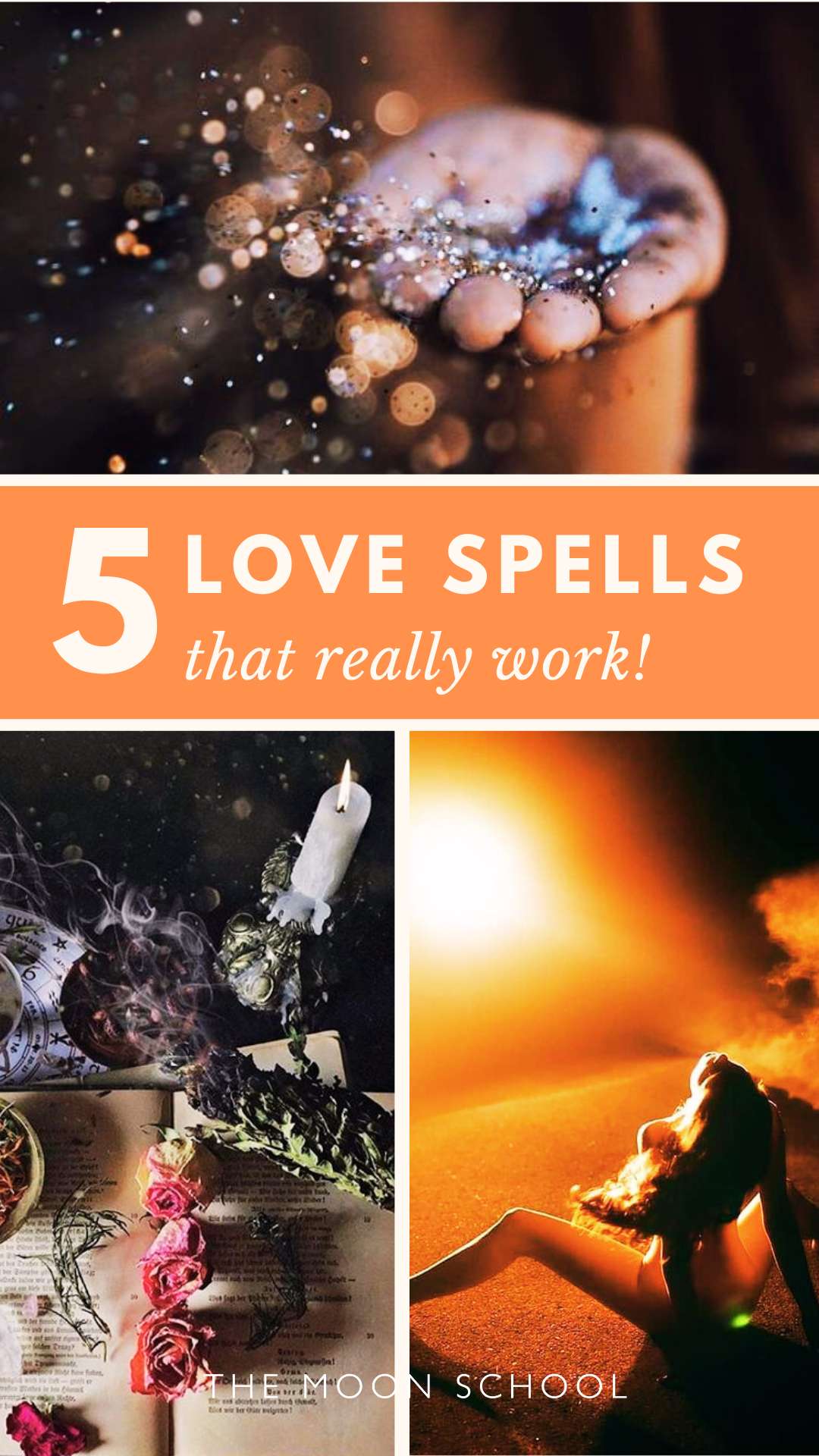 COllage pin of a love altar, magic dust and a witchy women in a love ritual