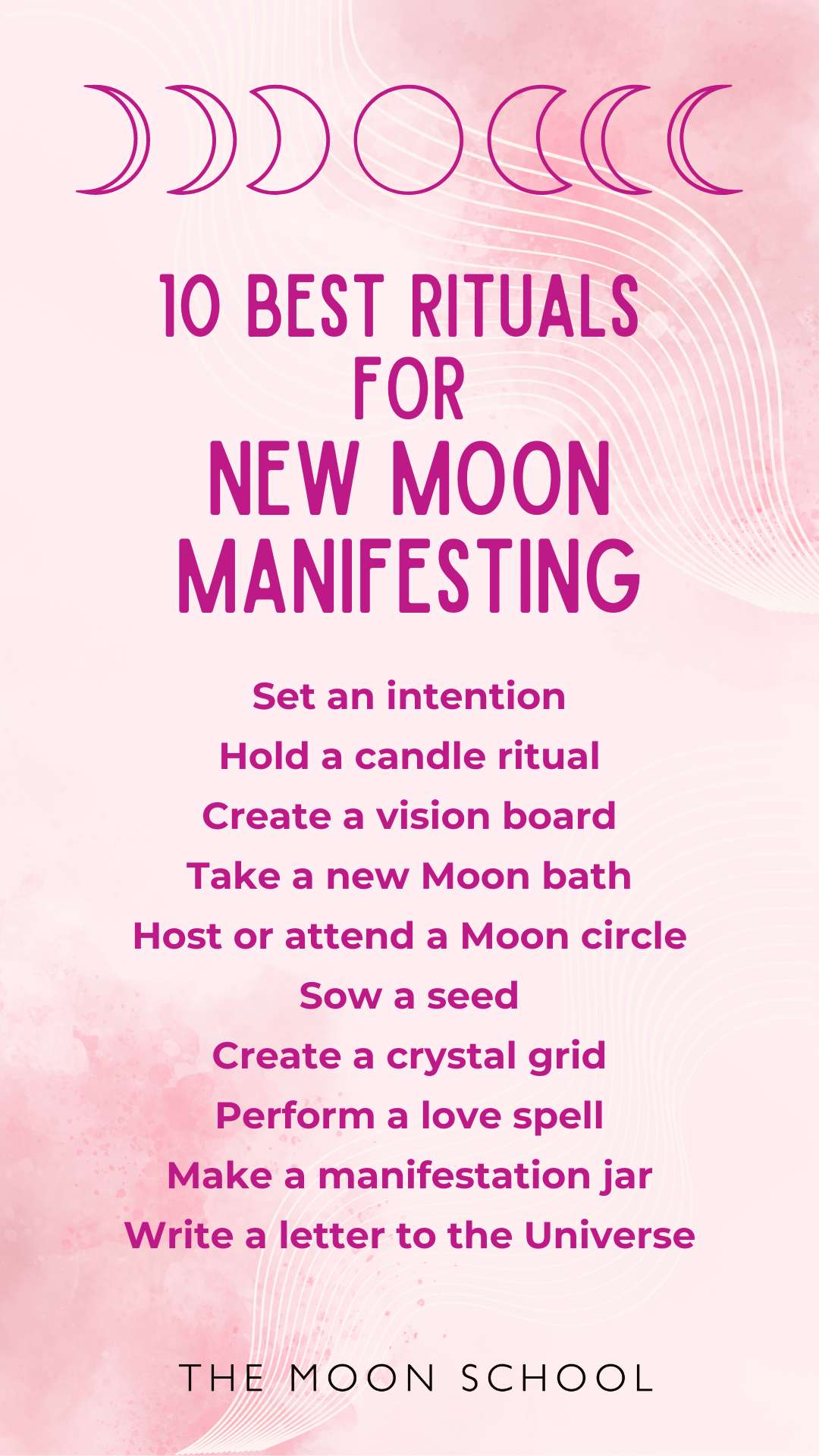 Witch spell book page listing new moon manifesting ritual instructions on pink background