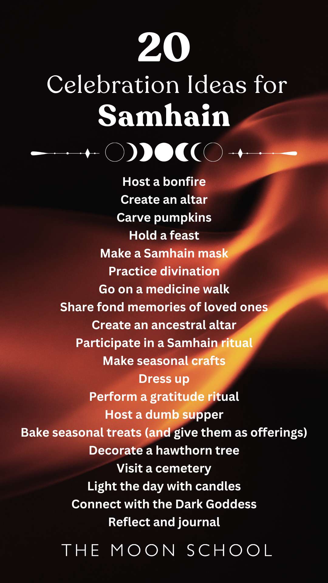 List of celebration ideas for samhain on a fire background