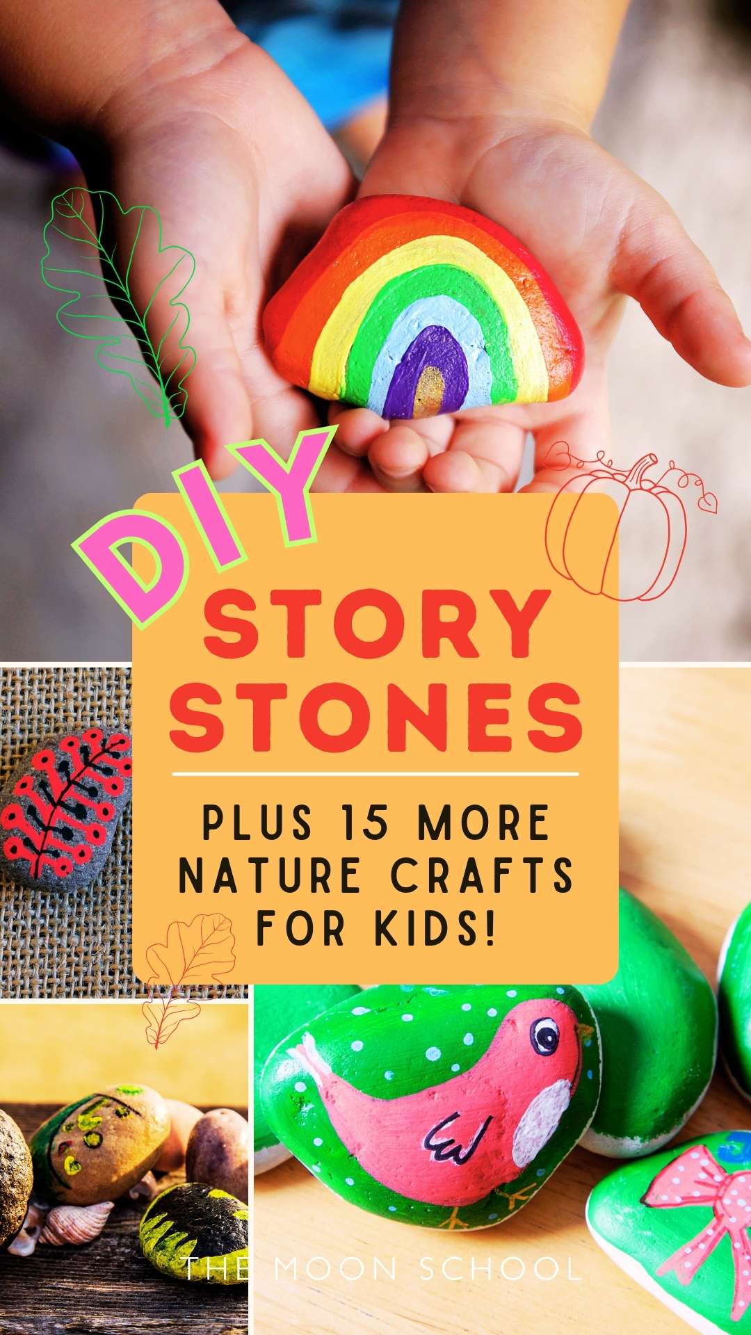 Collage pin with painted pebble art as a fall craft for kids