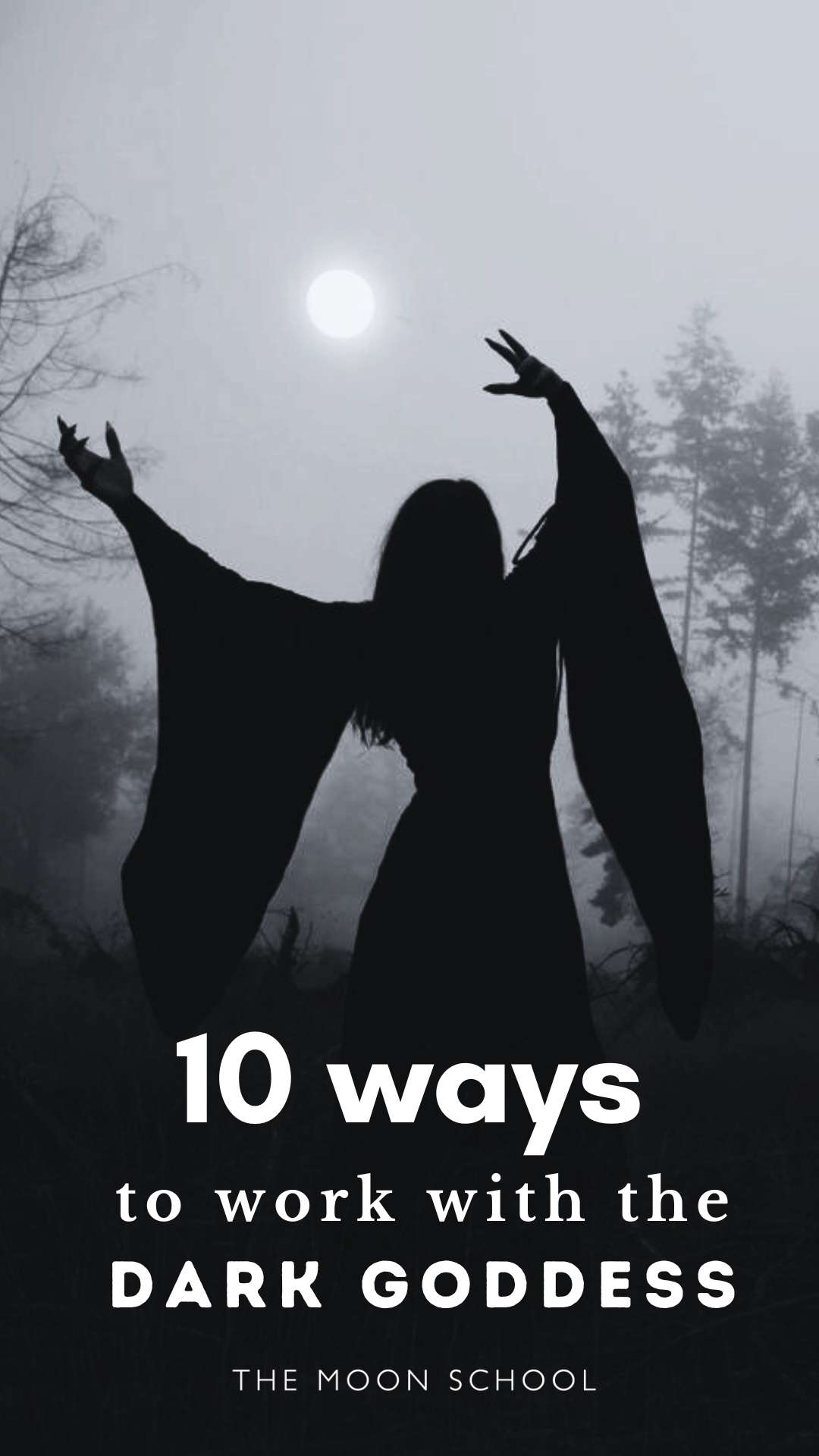 silhouette of witch under the full moon working with the dark goddess