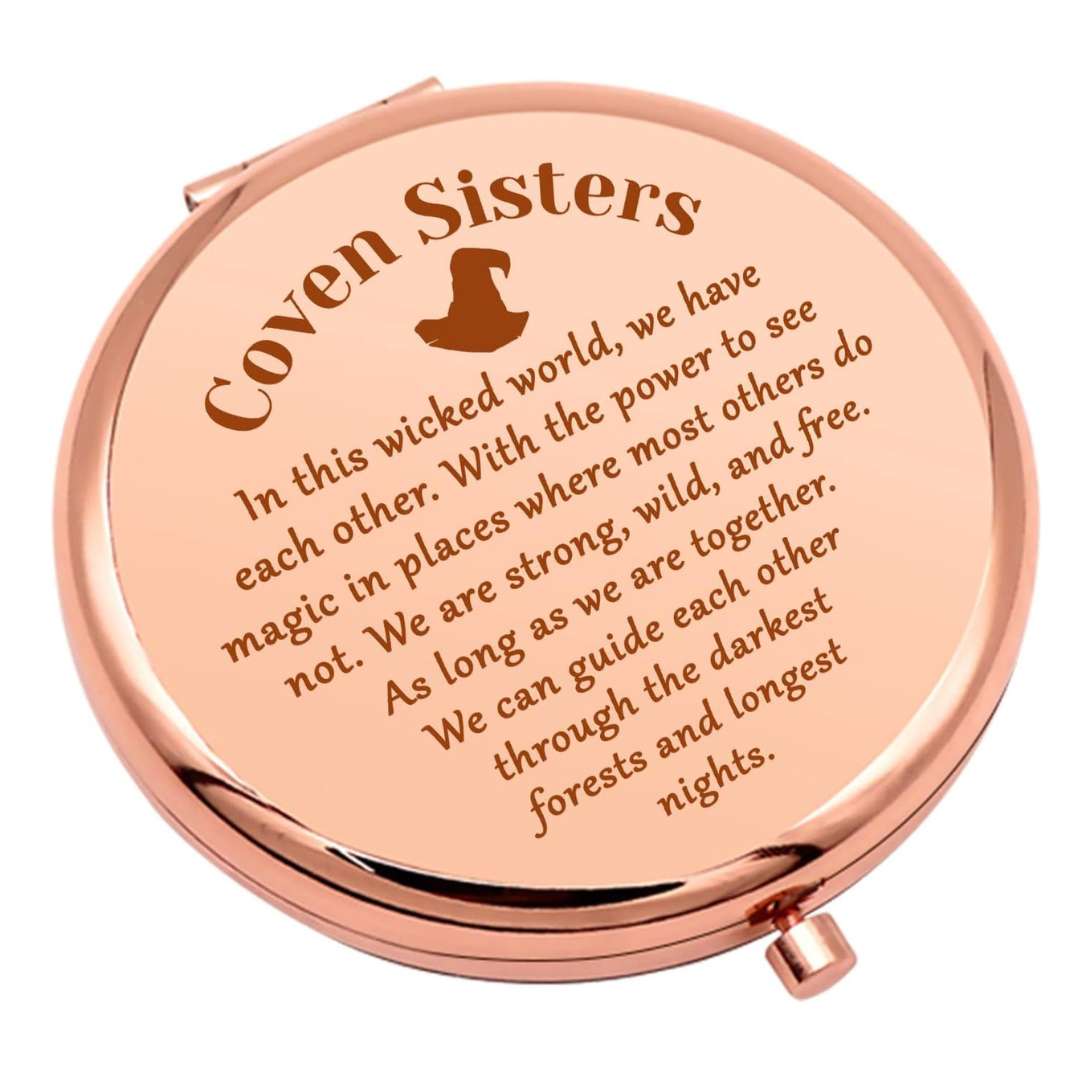 rose gold compact mirror with a witchy engraving for the sisterhood gift idea