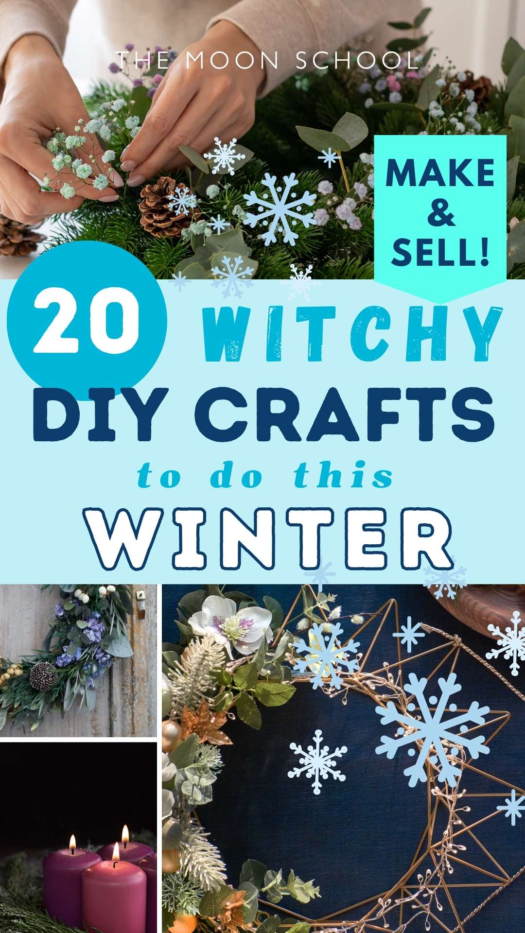 Witchy winter crafts pin with christmas wreath designs and blue text