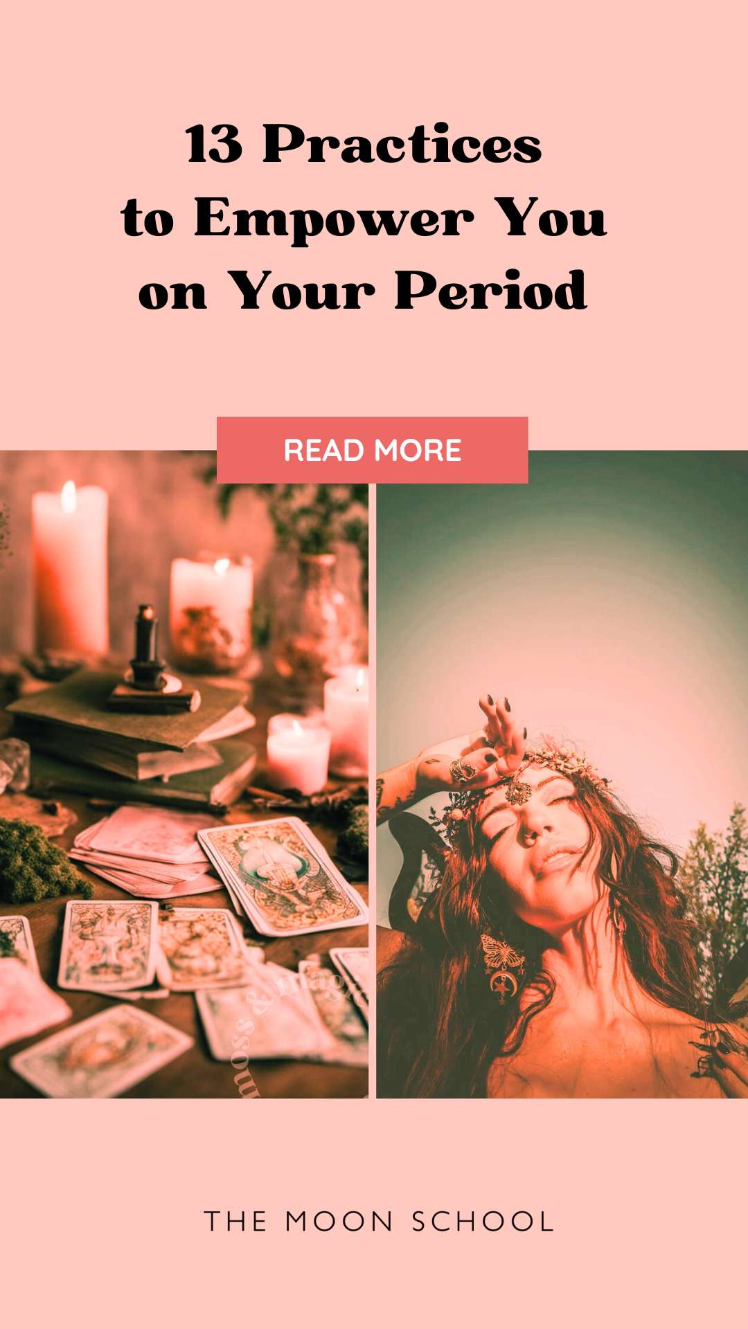 Red Moon woman doing a menstrual ritual with divination cards and candle and womb altar