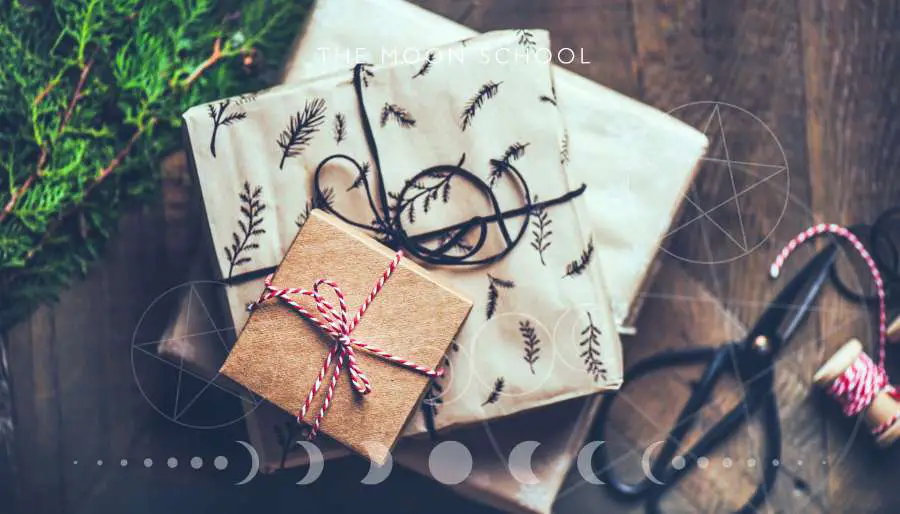Christmas gifts wrapped up in natural decorations for witches, wiccans and pagans
